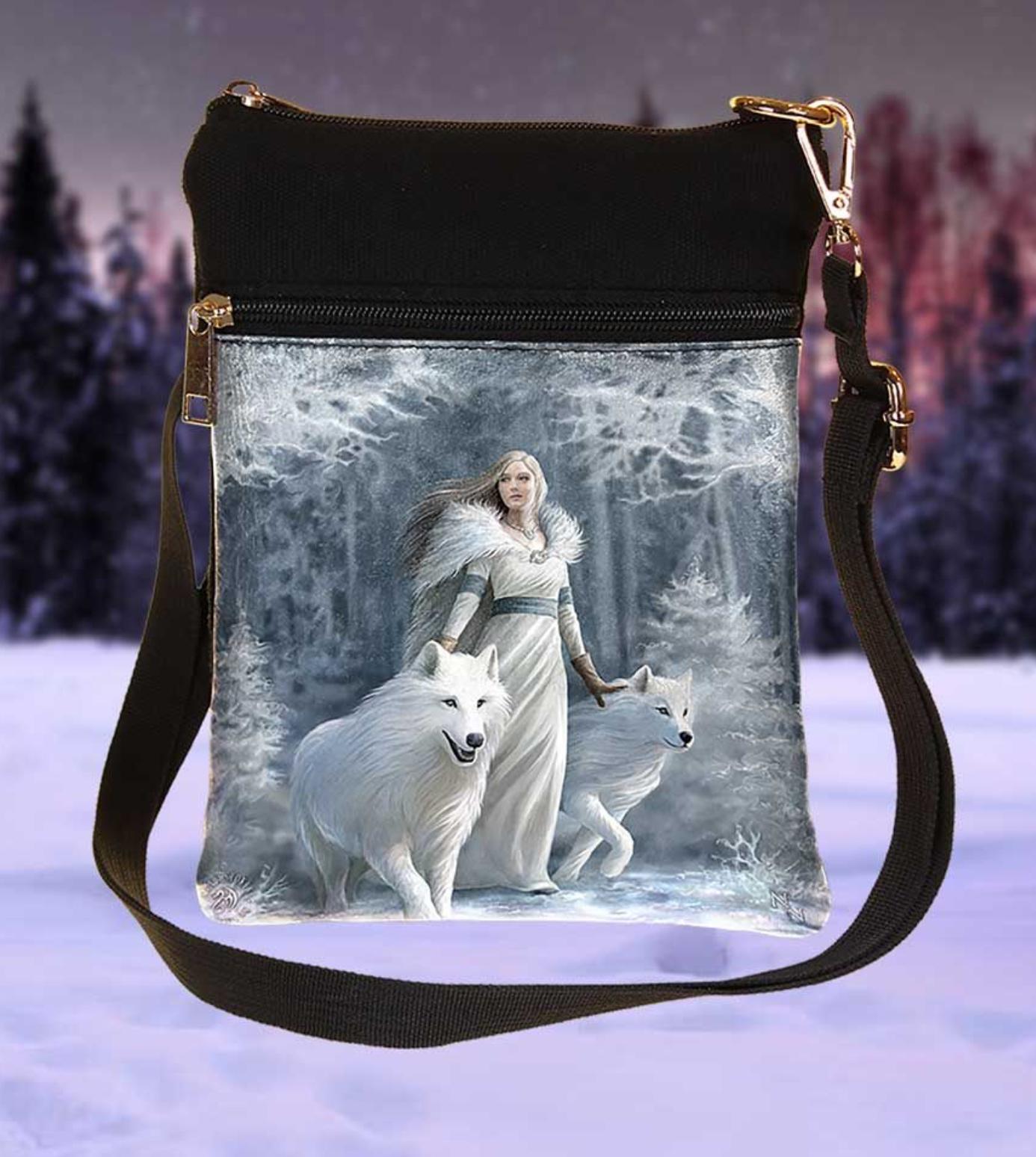 Small Gothic Winter Guardians Fantasy Wolf Shoulder Bag by Anne Stokes