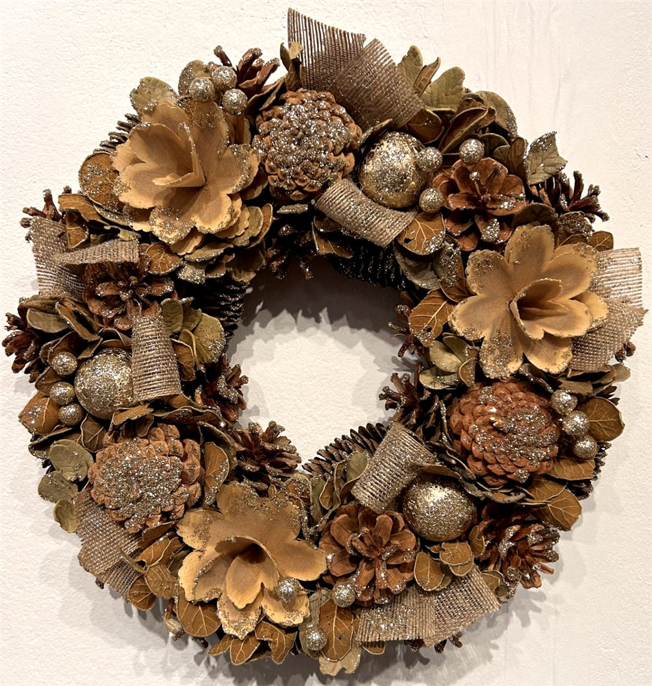 Dried Leaves & Glitter Gauze Christmas Wreath 35cm