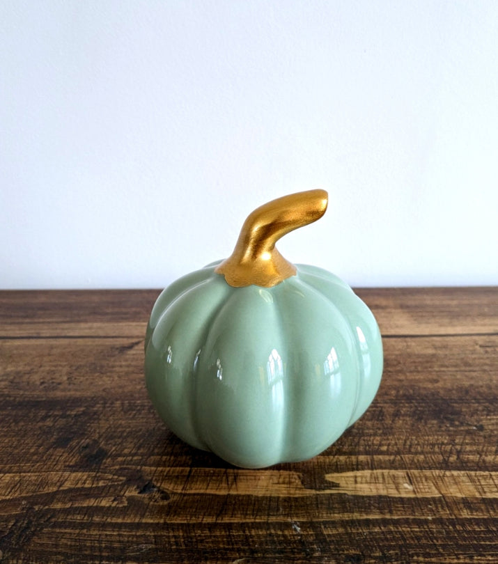 Small Ceramic Pumpkin With Gold Stalk 8cm - Green