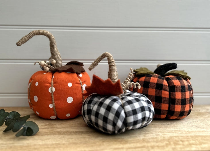 Medium Fabric Pumpkin with Tall Stalk 15cm - Black Check