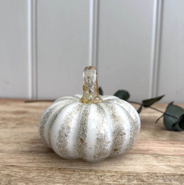 Luxury Handblown Glass Mini Pumpkin Ornament - White/Gold 8cm